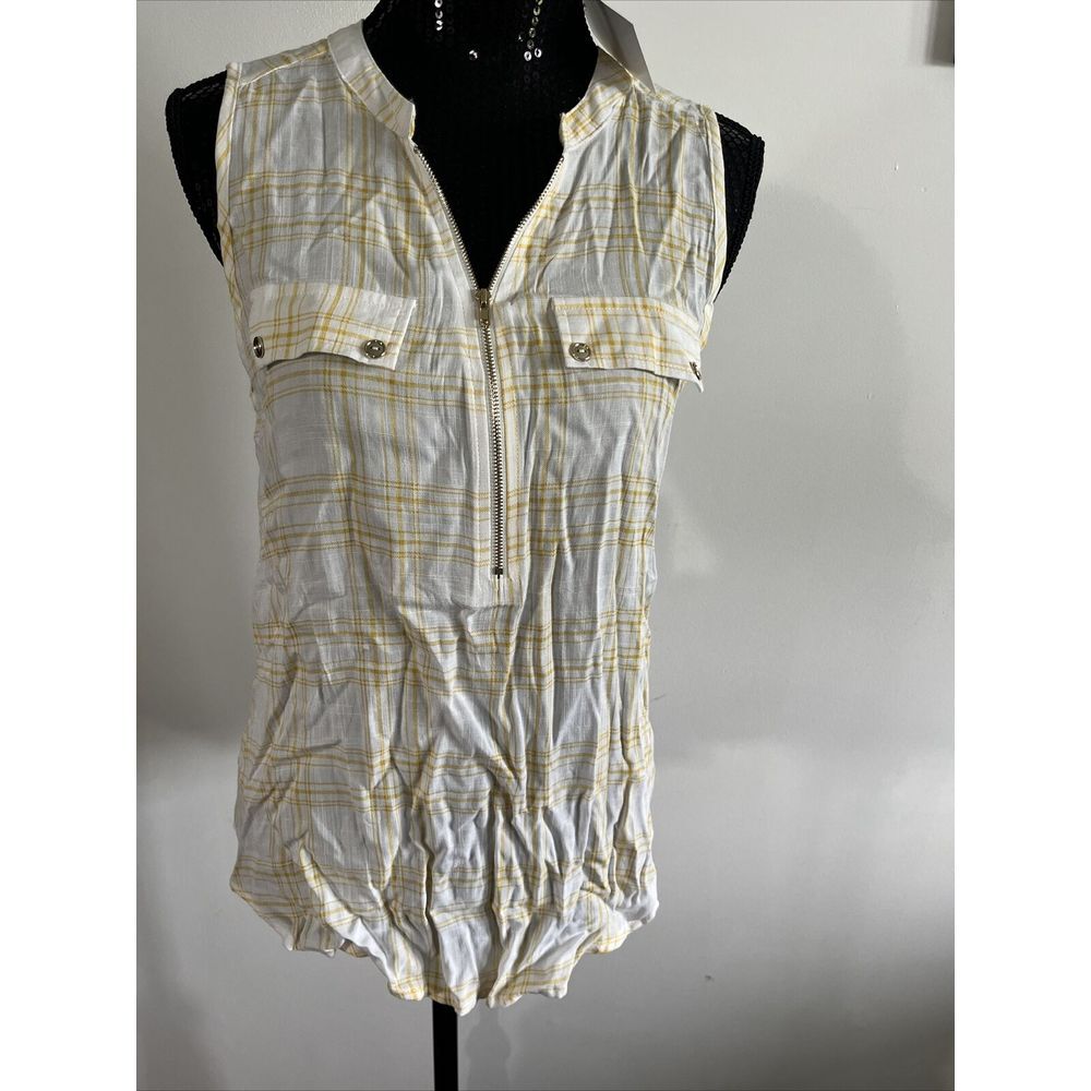 NWT Ember Womens Size M yellow and white Plaid sleeveless Shirt White Back